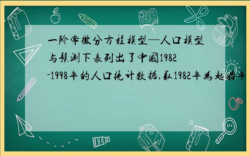 一阶常微分方程模型—人口模型与预测下表列出了中国1982-1998年的人口统计数据,取1982年为起始年（ ）,万人,万人.年 1982 1983 1984 1985 1986 1987 1988 1989 1990人口（万） 101654 103008 104357 105851 107507 1