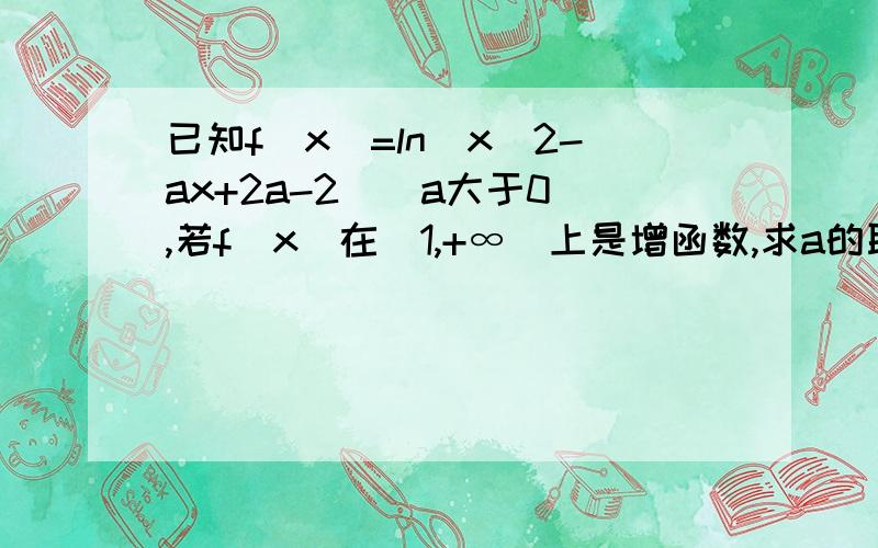 已知f(x)=ln(x^2-ax+2a-2)(a大于0),若f(x)在[1,+∞)上是增函数,求a的取值范围.正确答案是（1,2],但是这样做没考虑真数大于0,请问为什么不考虑?如果考虑了解出的就是（4-2倍根号2,2].
