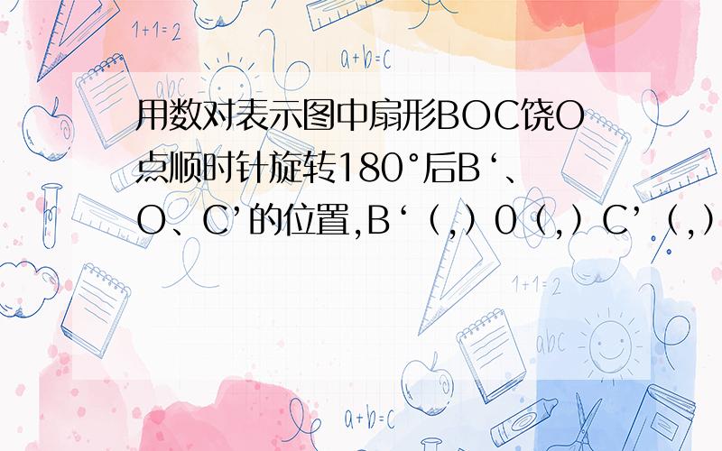 用数对表示图中扇形BOC饶O点顺时针旋转180°后B‘、O、C’的位置,B‘（,）0（,）C’（,）