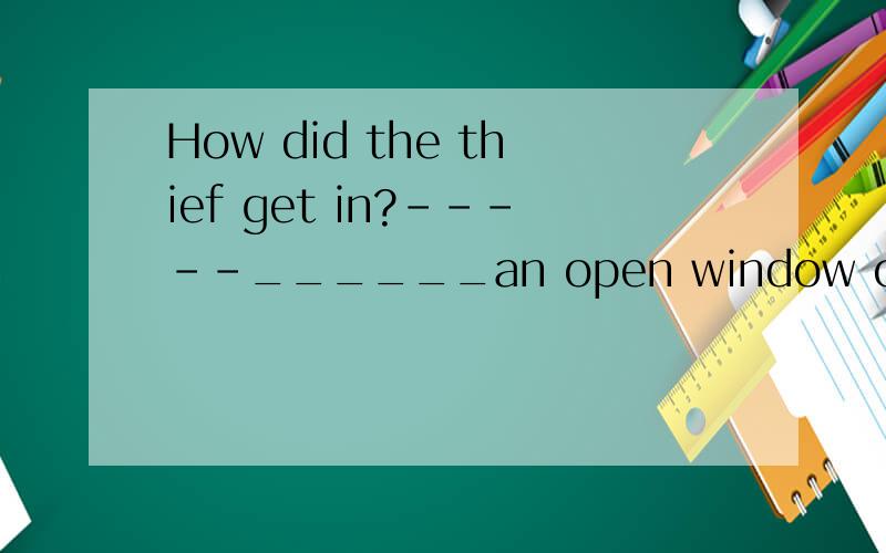 How did the thief get in?-----______an open window of the room.A.By B.From C.Over D.Through