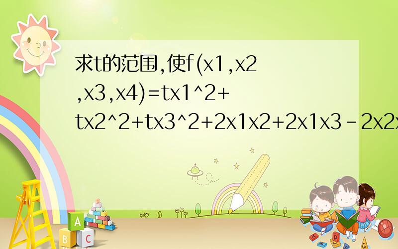 求t的范围,使f(x1,x2,x3,x4)=tx1^2+tx2^2+tx3^2+2x1x2+2x1x3-2x2x3负定它的四阶主子式是0啊,偶数阶顺序主子式不是应该为正么?