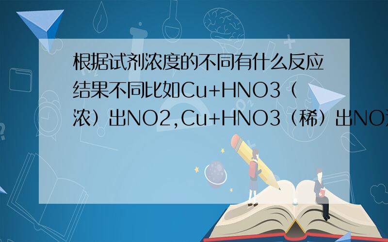 根据试剂浓度的不同有什么反应结果不同比如Cu+HNO3（浓）出NO2,Cu+HNO3（稀）出NO还有什么别的么,帮我总结一下,