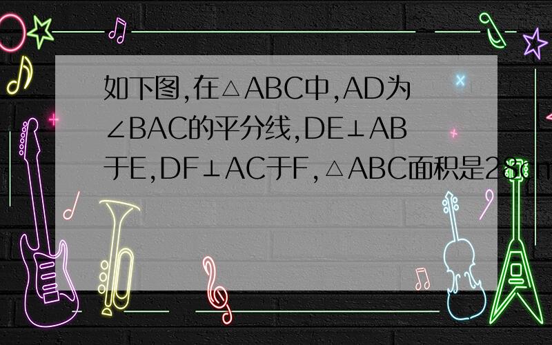 如下图,在△ABC中,AD为∠BAC的平分线,DE⊥AB于E,DF⊥AC于F,△ABC面积是28cm²,AB=20cm,AC=8cm求DE的长