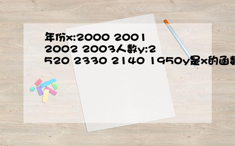年份x:2000 2001 2002 2003人数y:2520 2330 2140 1950y是x的函数吗?应该怎么表示?、