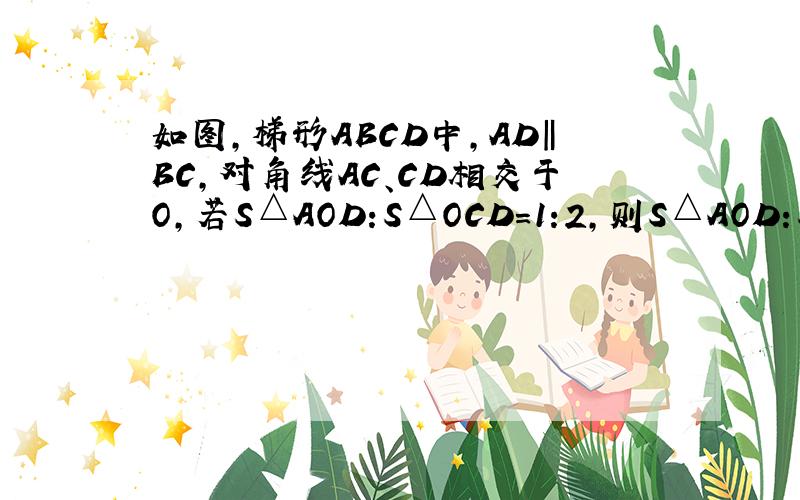 如图,梯形ABCD中,AD‖BC,对角线AC、CD相交于O,若S△AOD:S△OCD=1:2,则S△AOD:S△COB=?（图：右上A,右下B,左下C,左上D,交点O）