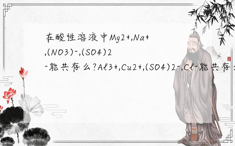 在酸性溶液中Mg2+,Na+,(NO3)-,(SO4)2-能共存么?Al3+,Cu2+,(SO4)2-,Cl-能共存么……?