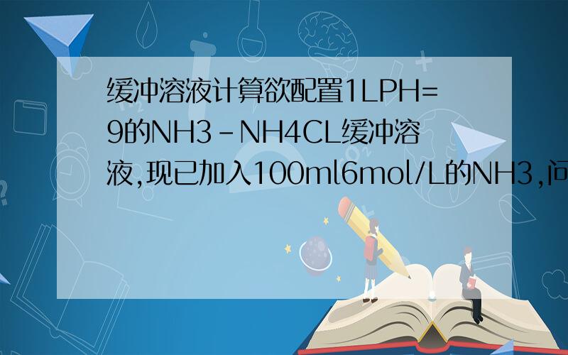缓冲溶液计算欲配置1LPH=9的NH3-NH4CL缓冲溶液,现已加入100ml6mol/L的NH3,问还需加入NH4CL多少克?