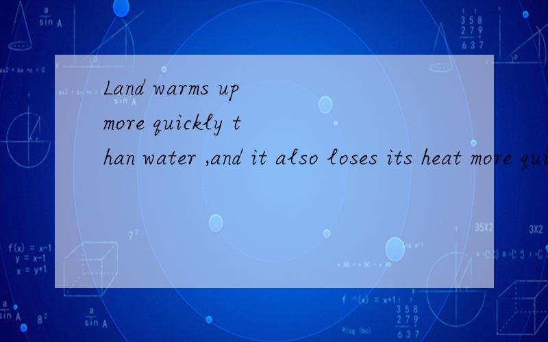 Land warms up more quickly than water ,and it also loses its heat more quickly.(翻译成中文)