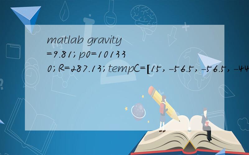 matlab gravity=9.81;p0=101330;R=287.13;tempC=[15,-56.5,-56.5,-44.5,-2.5];z=[0,11000,20100,32200,47300];invertemp=1./(tempC+273.15);np=18;goverR=gravity/R;elevation=linspace(0,z(end),np);pressure=zeros(1,np);intarg=inline('interp1(z,invertemp,elevatio