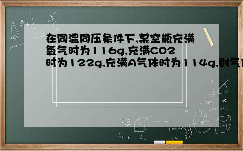 在同温同压条件下,某空瓶充满氧气时为116g,充满CO2时为122g,充满A气体时为114g,则气体A的摩尔质量为.为多少?请大侠们写清步骤,