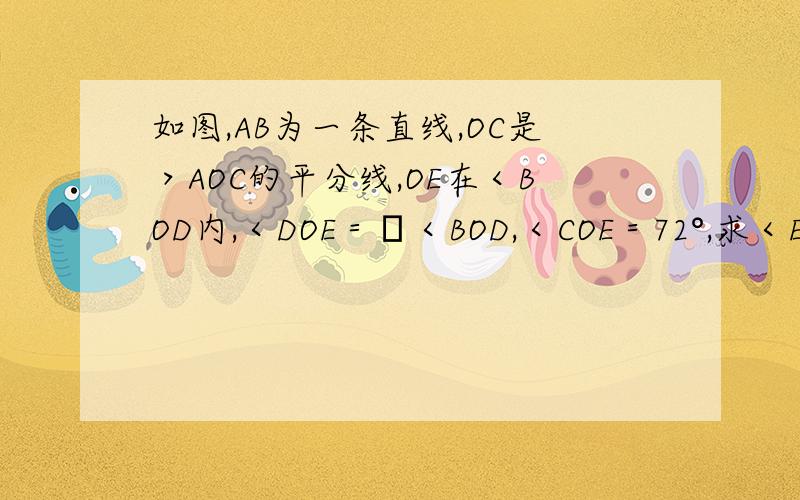 如图,AB为一条直线,OC是＞AOC的平分线,OE在＜BOD内,＜DOE＝⅓＜BOD,＜COE＝72°,求＜EOB的度数