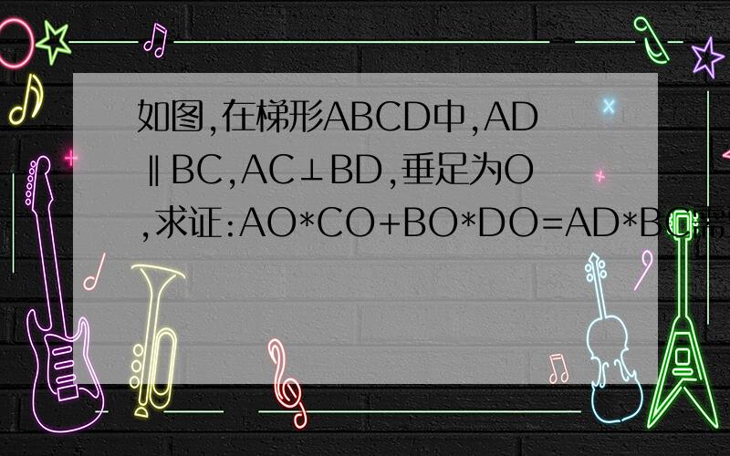 如图,在梯形ABCD中,AD‖BC,AC⊥BD,垂足为O,求证:AO*CO+BO*DO=AD*BC需要详细过程,请写明理由