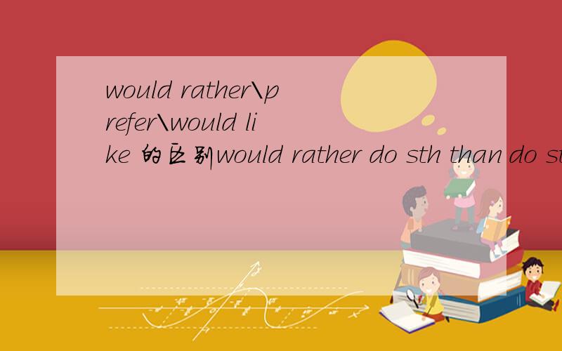 would rather\prefer\would like 的区别would rather do sth than do sth\i would rather to do sth than do sth\would rather doing sth than doing sth prefer sth to sthprefer to do sth than do sth\prefer to do sth rather than do sth\prefer doing sth than