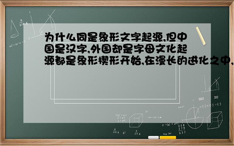 为什么同是象形文字起源,但中国是汉字,外国却是字母文化起源都是象形楔形开始,在漫长的进化之中,中国形成了今天的汉字,但是许多国外却是字母?