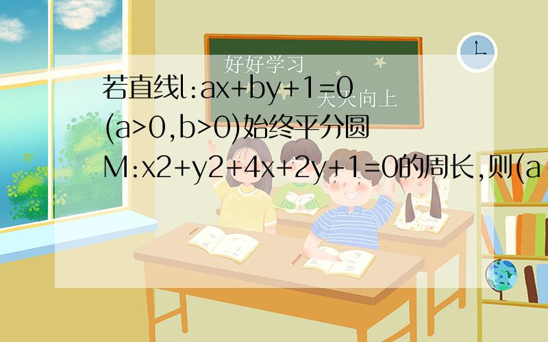 若直线l:ax+by+1=0(a>0,b>0)始终平分圆M:x2+y2+4x+2y+1=0的周长,则(a-2)^2+(b-2)^2的最小值是
