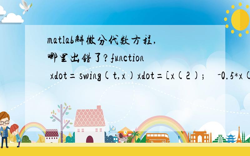 matlab解微分代数方程,哪里出错了?function xdot=swing(t,x)xdot=[x(2);    -0.5*x(1);     x(4);     -0.5*x(3)-9.81;     x(1)^2+x(3)^2-1];----------------------------->>M= diag([1 1 1 1 0]);>> option=odeset;option.Mass=M;>> x0=[0.5;0;sqrt(1-0.
