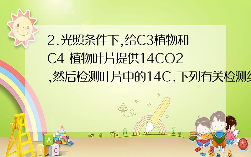 2.光照条件下,给C3植物和C4 植物叶片提供14CO2,然后检测叶片中的14C.下列有关检测结果的叙述,错误的是A.从C3植物的淀粉和C4植物的葡萄糖中可检测到14CB.在C3植物和C4植物呼吸过程产生的中间产