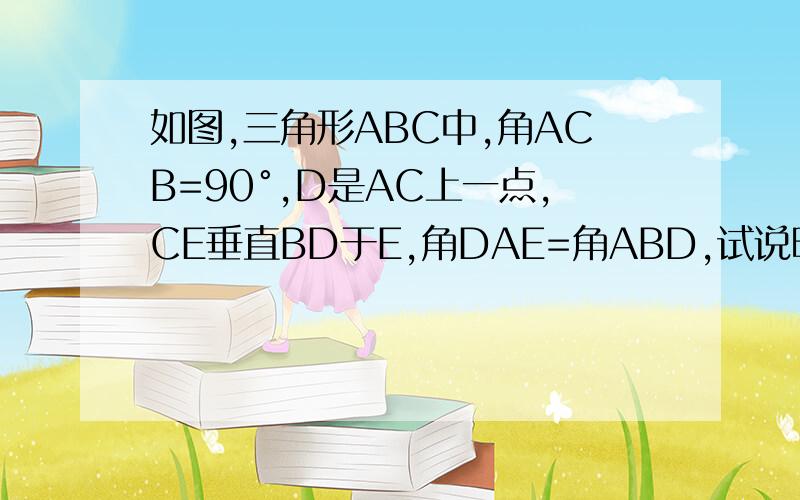 如图,三角形ABC中,角ACB=90°,D是AC上一点,CE垂直BD于E,角DAE=角ABD,试说明AD=CD