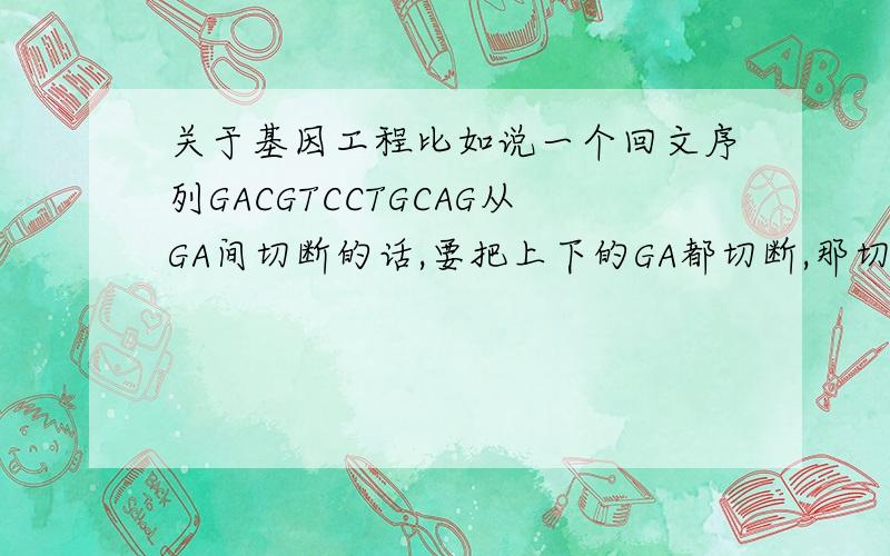 关于基因工程比如说一个回文序列GACGTCCTGCAG从GA间切断的话,要把上下的GA都切断,那切两个GA算切几次,几个切点,是不是切目的基因的话至少要切两个回文序列?